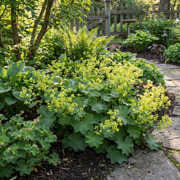 Sonnige Gartenanlage mit blühendem Frauenmantel Alchemilla mollis, Farnen und Hostas an einem Steinweg vor einem Holzzaun.