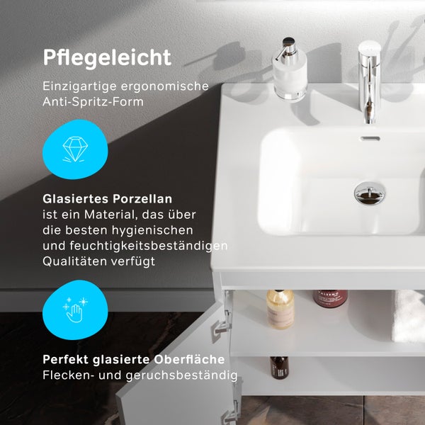 Waschtischunterschrank mit Waschbecken aus glasiertem Porzellan, pflegeleichte Oberfläche und ergonomische Form