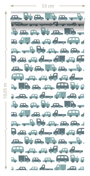 Tapetenrolle mit Auto- und Traktormotiven, 53 cm breit, 10,05 m lang
