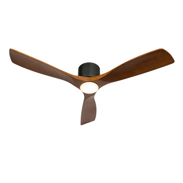 Moderner Deckenventilator mit drei Flügeln aus Holz, integrierter LED-Beleuchtung und schwarzem Gehäuse.