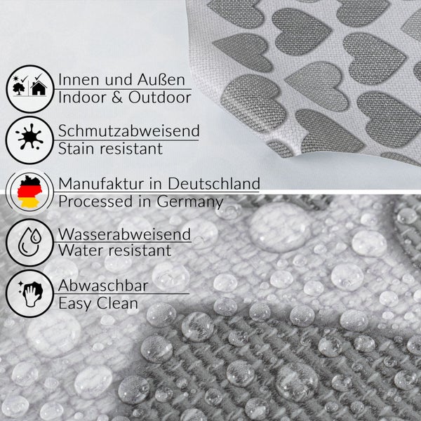 Symbol für Innen- und Außenbereich, schmutzabweisend, hergestellt in Deutschland, wasserabweisend und leicht zu reinigen