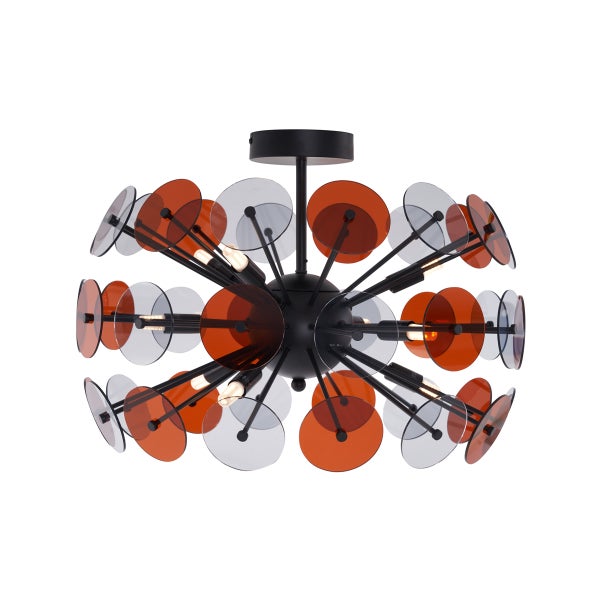 Deckenleuchte mit runden, transparenten und undurchsichtigen Elementen.