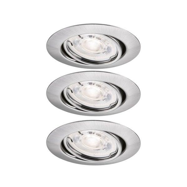 Set aus drei schwenkbaren LED Einbaustrahlern aus gebürstetem Metall in runder Form.