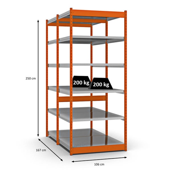 PROREGAL Fachbodenregal Stecksystem Vierkant-Profil Grundregal HxBxT 250 x 102,5 x 80 cm 2x6 Ebenen Doppelseitige Bauart Fachlast 200 kg Orange