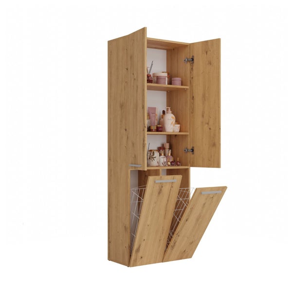 Hochschrank mit offener Tür, Regalen und Wäschekorb für Badezimmer