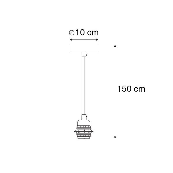 Technische Zeichnung einer Pendelleuchte mit den Maßen 10 cm Durchmesser und 150 cm Länge
