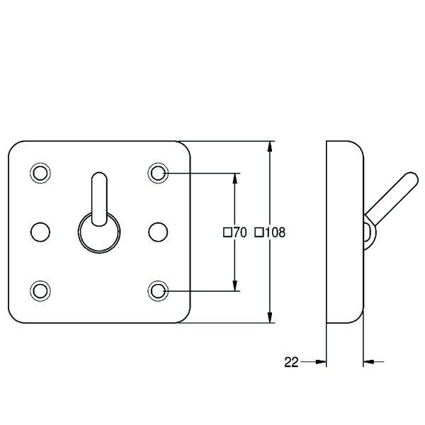 Technische Zeichnung einer quadratischen Grundplatte mit Haken. Maße: 108 mal 108 Millimeter, Lochabstand 70 Millimeter, Stärke 22 Millimeter.
