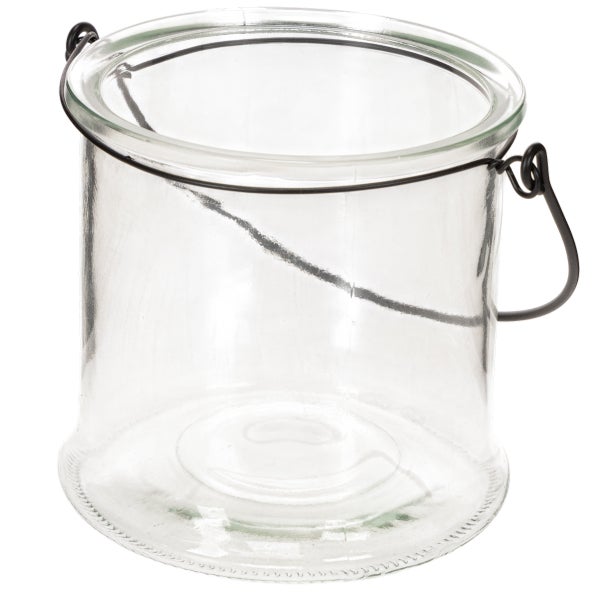 Zylindrisches Windlicht aus Glas mit beweglichem Metallgriff zum Aufhängen.