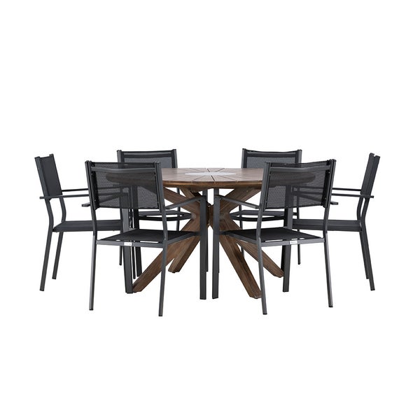 Gartensitzgruppe mit rundem Holztisch und sechs Stühlen mit Textilbespannung