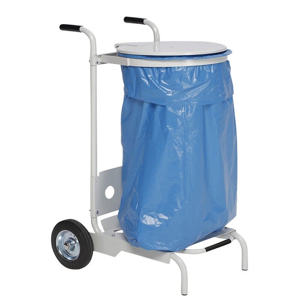 Fahrbarer Müllsackständer aus Metall mit Deckel, zwei Rollen und Schiebegriffen, inklusive blauem Müllsack.