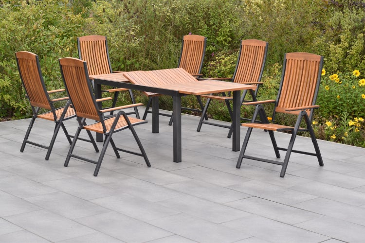 Athos Gartenmöbelset 7tlg., Klappsessel, Ausziehtisch 180 (250) x 100 cm