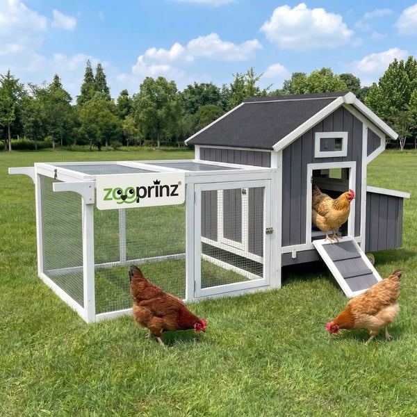 Grauer Hühnerstall aus Holz mit weißem Rahmen, dunklem Dach, Hühnerleiter, integriertem Freilaufgehege und zooprinz Logo auf einer Wiese.