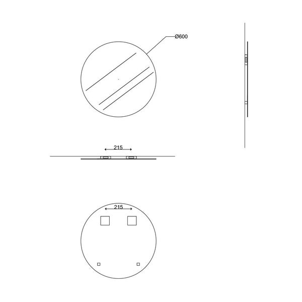 Technische Zeichnung eines runden Spiegels mit einem Durchmesser von 600 Millimetern und einem Montageabstand von 215 Millimetern.