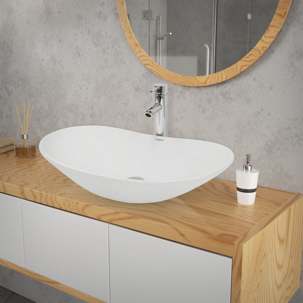 ECD Germany Design Waschbecken Waschtisch 640x365x130 mm inkl. Ablaufgarnitur für Waschbecken ohne Überlauf - Keramik Weiß Aufsatzbecken Aufsatzwaschbecken Waschschale Aufsatzwaschtisch Spülbecken