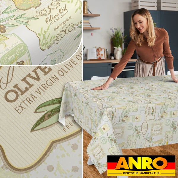 Abwischbare Wachstuchtischdecke mit Olivenöl-Motiv in einer hellen Küche, Detailansichten der Struktur und Anro Logo hergestellt in Deutschland.