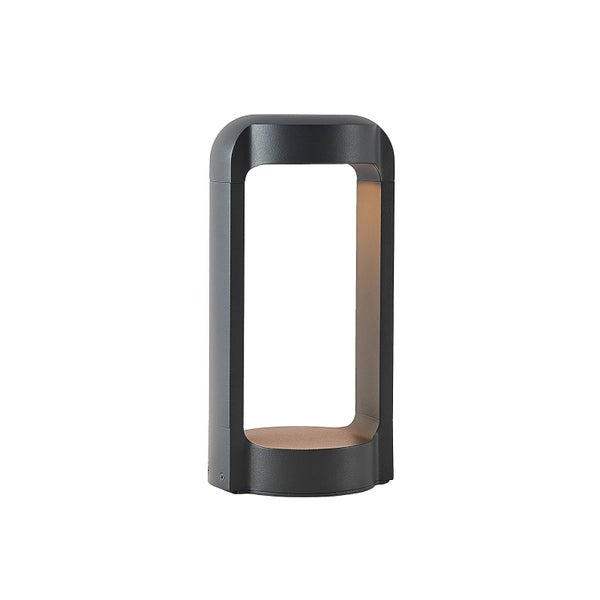 Moderne anthrazitfarbene Sockelleuchte für den Außenbereich, rechteckige Form mit abgerundeter Oberseite.