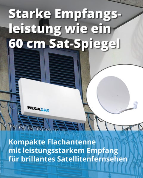 Megasat Flachantenne für Satellitenempfang, vergleicht Empfangsleistung mit 60 Zentimeter Satellitenschüssel.