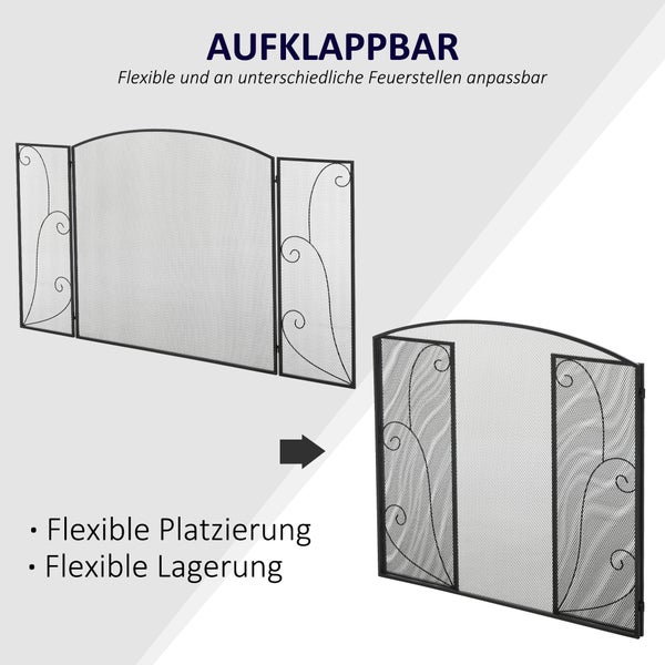 HOMCOM Kamingitter, Kaminschutzgitter mit 3 Paneelen, Klappbares Funkenschutzgitter, Ofenschutzgitter für Wohnzimmer, Metall, Schwarz 132,5 x 76,5cm