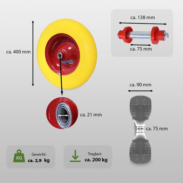 Schubkarrenrad mit einer Tragkraft von 200 Kilogramm und einem Durchmesser von circa 400 Millimetern inklusive Achse und Kugellager