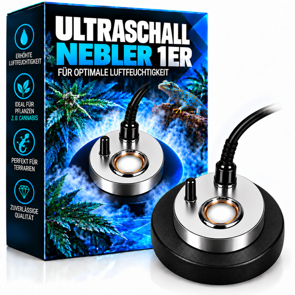 Ultraschall Nebler für Pflanzen und Terrarien zur Erhöhung der Luftfeuchtigkeit inklusive Verpackung.