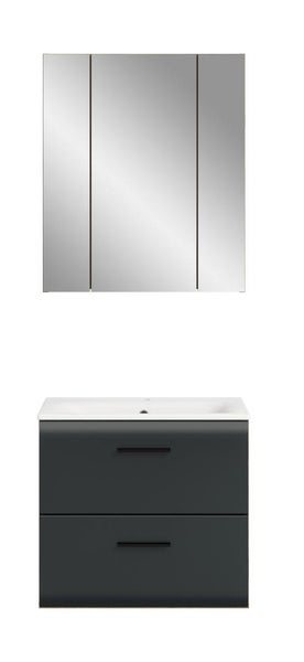 Badezimmermöbel Set bestehend aus einem anthrazitfarbenen Waschtischunterschrank mit zwei Schubladen und einem dreitürigen Spiegelschrank.