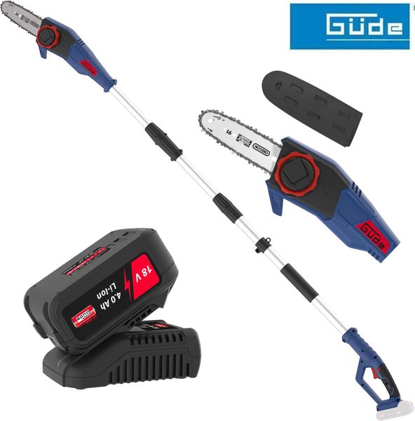 Güde Akku-Hochentaster Set inklusive Teleskopstiel, 18 Volt Lithium-Ionen Akku, Ladegerät und Kettenschutz. Güde Logo.