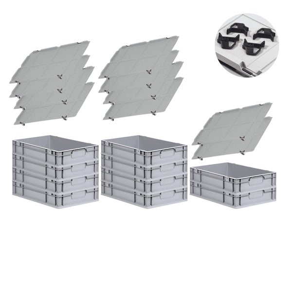 PROREGAL Spar Set 10x Eurobox Nextgen Economy Mit Auflagedeckel & 4x Schiebeschnappverschlüsse Schwarz Griffe Geschlossen HxBxT 12 x 40 x 60 cm