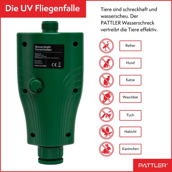 PATTLER® Wasserstrahl Tiervertreiber I Katzenschreck, Vogelabwehr, Reiherschreck für Garten | PIR-Bewegungsmelder I Reichweite bis zu 10 m I Vogelschreck, Katzenabwehr, Hundeabwehr