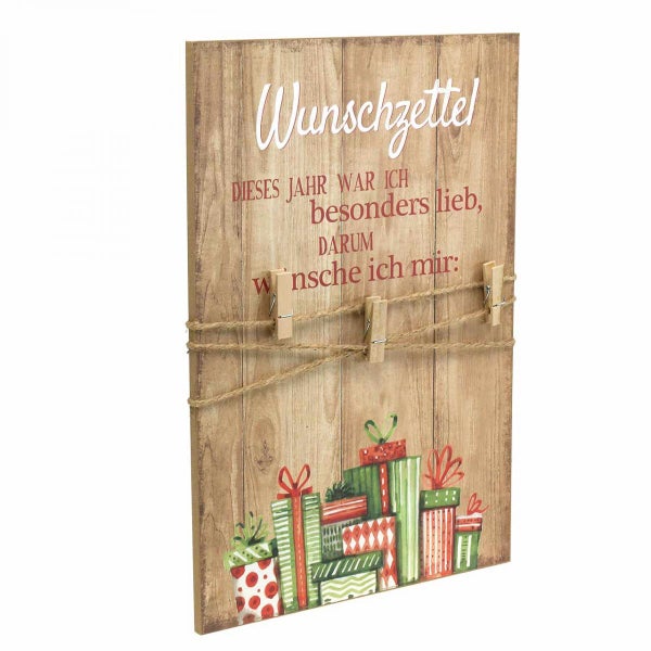 Dekoratives Wunschzettel-Brett mit Kordel und Wäscheklammern zum Aufhängen von Notizen und Wünschen.