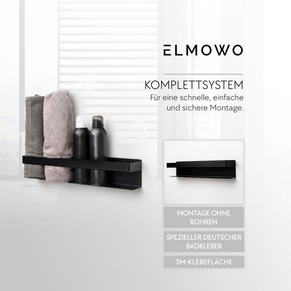 Elmowo Badregal zur Wandmontage ohne Bohren mit speziellem Badkleber und Klebeflaeche fuer Handtuecher und Pflegeprodukte im Badezimmer.
