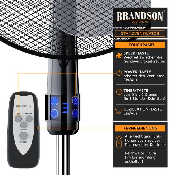 Brandson Standventilator mit Fernbedienung 50W, leise, Ventilator höhenverstellbar, 30° neigbar , 3 Geschwindigkeitsstufen, Oszillation ca. 90°