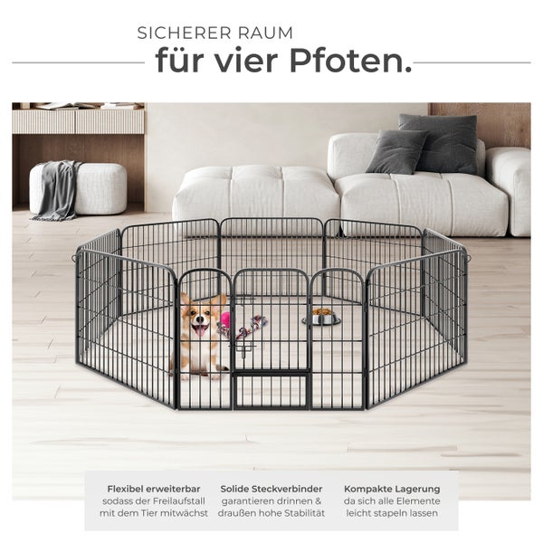 Freilaufgehege aus Metall mit Hund im Wohnzimmer.