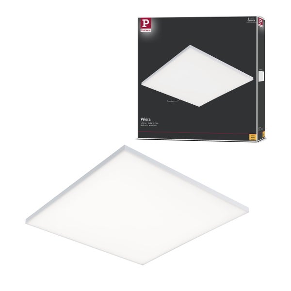 Quadratisches, rahmenloses Paulmann Velora LED-Panel in Weiß, 4200 Lumen, 34,2 Watt, warmweißes Licht, 5 Jahre Garantie.