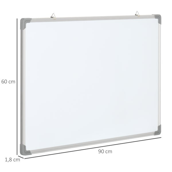 Whiteboard mit Aluminiumrahmen, Maße 90 mal 60 mal 1,8 Zentimeter, abgerundete Ecken, Wandmontage.