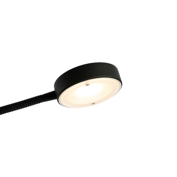 Nahaufnahme einer schwarzen Leselampe mit flexiblem Arm