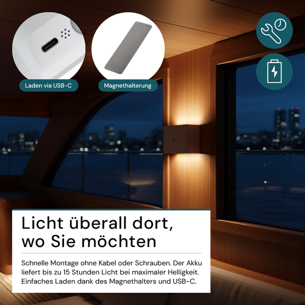 Kabellose Wandleuchte mit USB-C Ladeanschluss und Magnethalterung