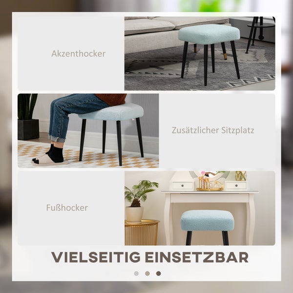 HOMCOM Fußhocker Sitzhocker Quadratischer Schminkhocker Fußstütze mit Kaschmir-Optik, Stahlbeine, für Wohnzimmer, Schlafzimmer, Hellblau, 42 x 42 x 47 cm