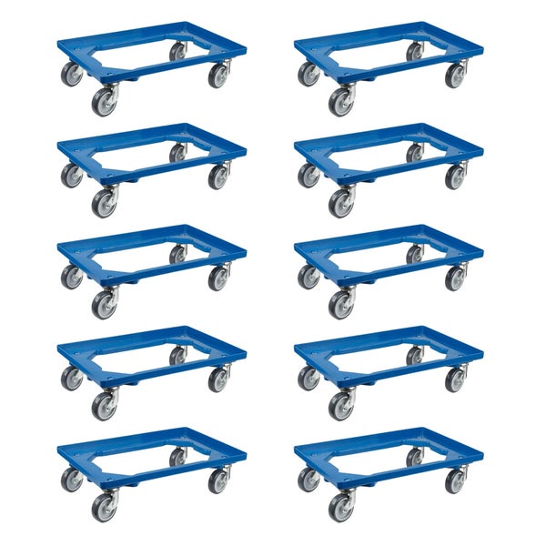 PROREGAL SparSet 10x Transportroller für Euroboxen 60 x 40 cm mit Gummiräder Blau Offenes Deck 2 Lenkrollen und 2 Bockrollen Traglast 300 kg