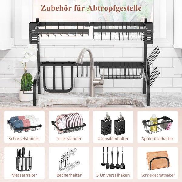 HOMCOM Abtropfgestell Geschirr, 2-stufiges Abtropfständer mit Haken, Tellerregal, Zubehör, 65 cm Abtropfgitter Gestell für Küchenspüle, Stahl, Schwarz