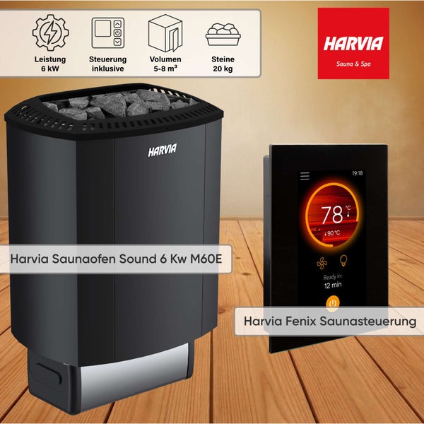 Harvia Saunaofen Sound 6 Kilowatt M60E inklusive Harvia Fenix Saunasteuerung für 5 bis 8 Kubikmeter Volumen und 20 Kilogramm Saunasteine