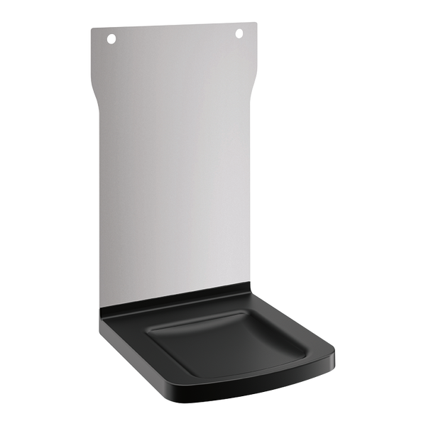 Wandmontierte Tropfschale mit silberner Metallrückplatte und schwarzer Kunststoffschale.
