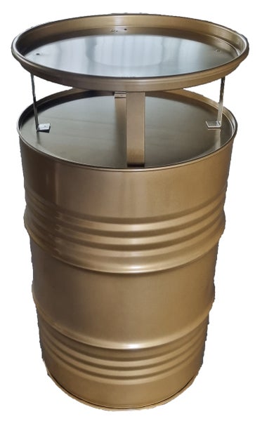 Metallfass als Stehtisch mit Ablagefläche