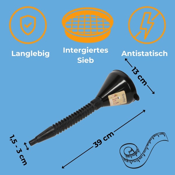 Schwarzer Trichter mit flexibler Düse und Größenangaben