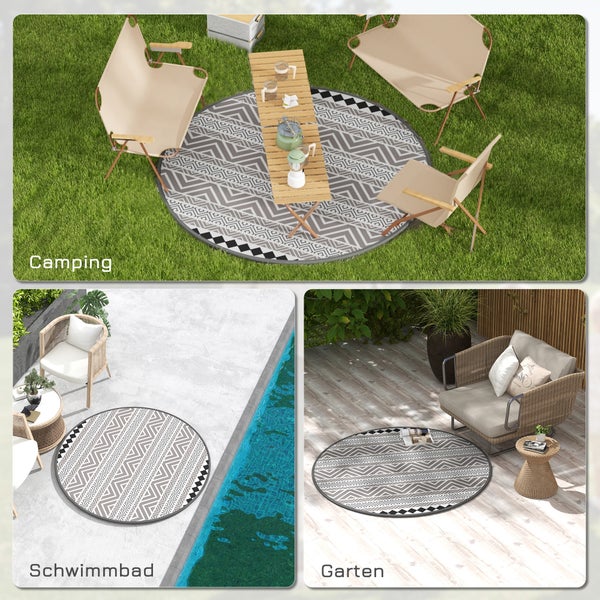 Runde Picknickdecke mit geometrischem Muster und Outsunny Logo auf der Tragetasche