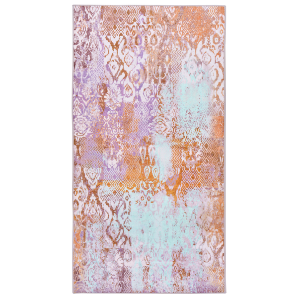 Rechteckiger Teppich mit ornamentalem Vintage-Muster in Patchwork-Optik in Orange, Blau und Violett.