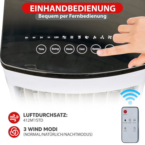 Bedienfeld eines Luftkühlers mit Touch-Tasten, Fernbedienung, Luftdurchsatz von 412 Kubikmeter pro Stunde und drei Windmodi.