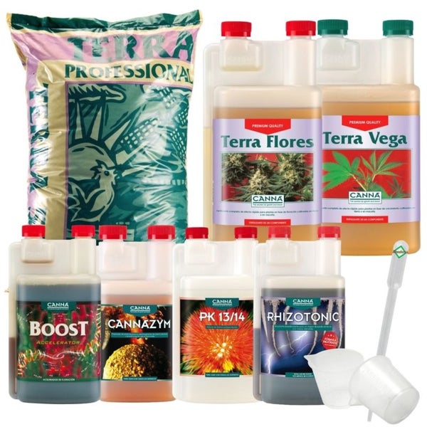 Canna Terra Profi Erde-Set Big – 50L Premium-Erde + Terra Vega & Flores je 1L + Boost, PK 13/14, Rhizotonic & Cannazym je 250ml – Inkl. Pipette & Messbecher für präzise Pflanzenpflege