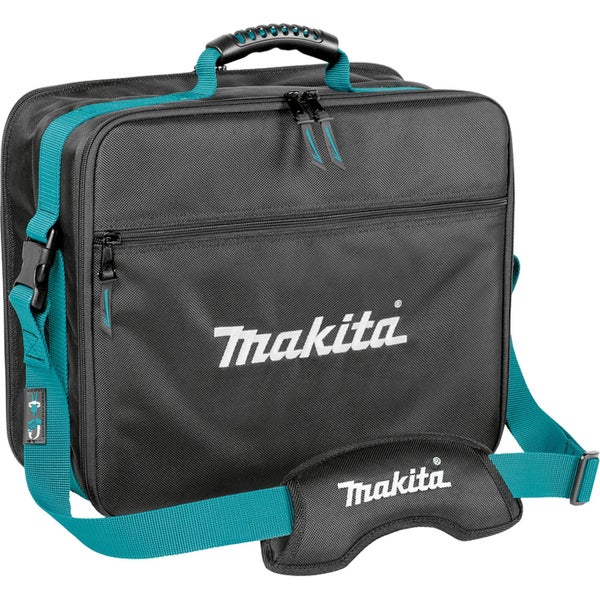 Makita Werkzeugtasche aus schwarzem Gewebe mit blaugrünem Schultergurt und Tragegriff. Makita Logo.
