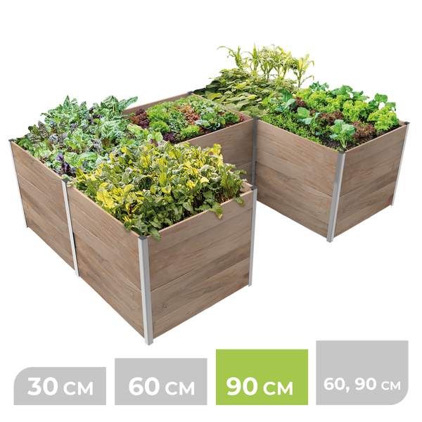 Hochbeete aus Holz mit Metallecken, bepflanzt mit verschiedenen Pflanzen. Grafische Höhenangabe 90 Zentimeter hervorgehoben.