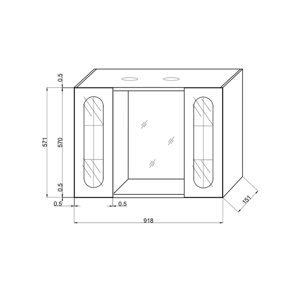 Maßzeichnung eines Spiegelschranks mit den Abmessungen Breite 918 Millimeter, Höhe 571 Millimeter und Tiefe 151 Millimeter.